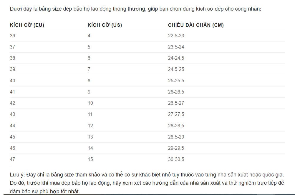 Bảng size dép bảo hộ lao động