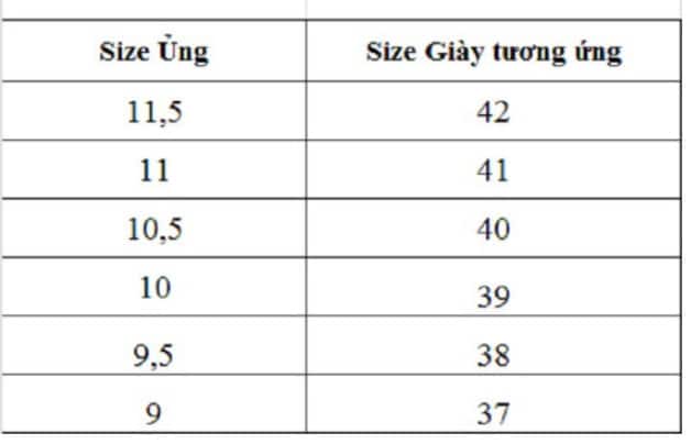 Bảng size ủng bảo hộ lao động
